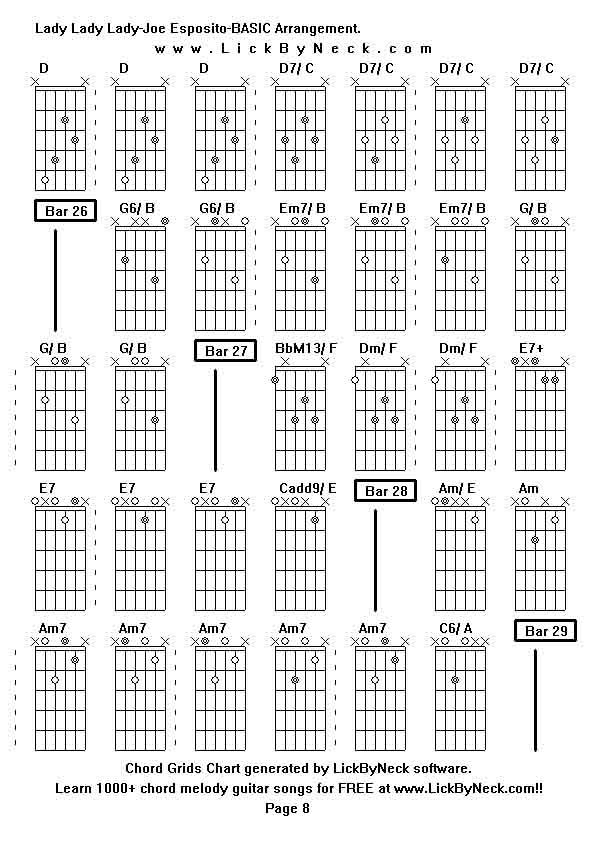 Chord Grids Chart of chord melody fingerstyle guitar song-Lady Lady Lady-Joe Esposito-BASIC Arrangement,generated by LickByNeck software.